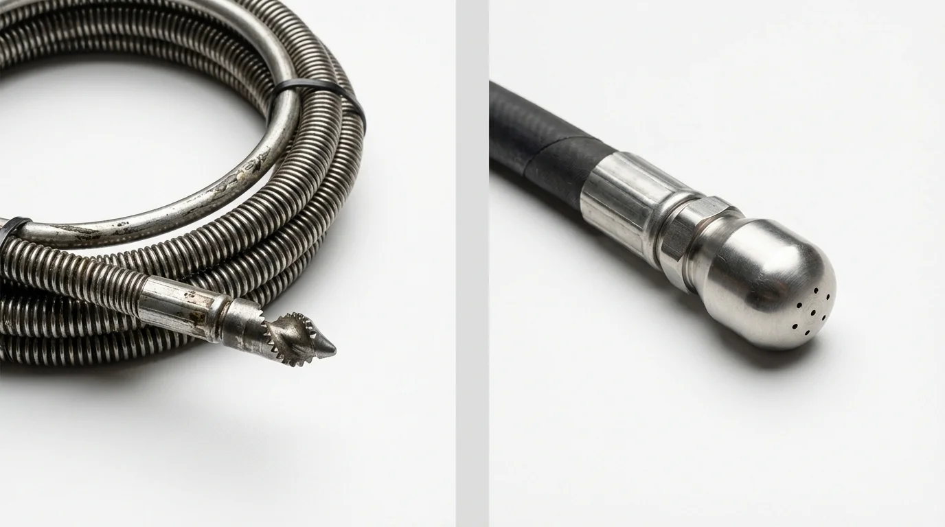 Drain snake cable and hydro jetting nozzle used for drain cleaning in Skaneateles, NY