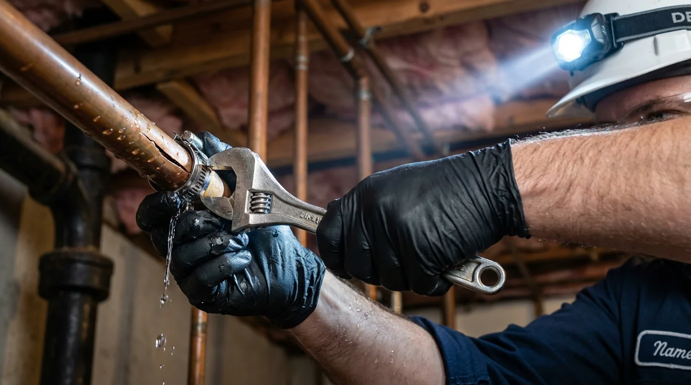 Emergency pipe clamp repair being performed by a Johns Plumbing LLC plumber in Skaneateles