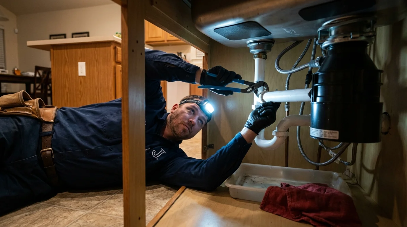 P-trap and supply line connections under a kitchen sink showing a common leak point in Skaneateles, NY